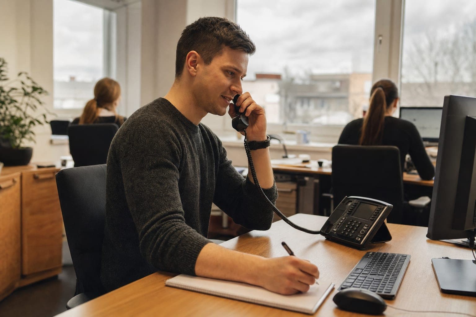 Recruiter im Büro am Telefon, daneben Notizblock und Tischapparat